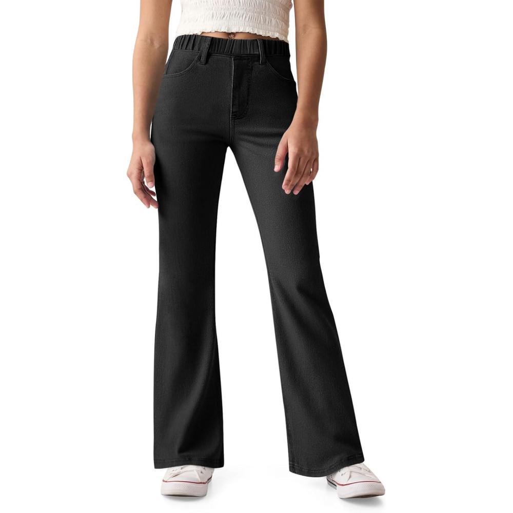imageHaloumoning Girls Flare Jeans Kids Fashion Stretchy Denim Pants Bell Bottoms with PocketsBlack