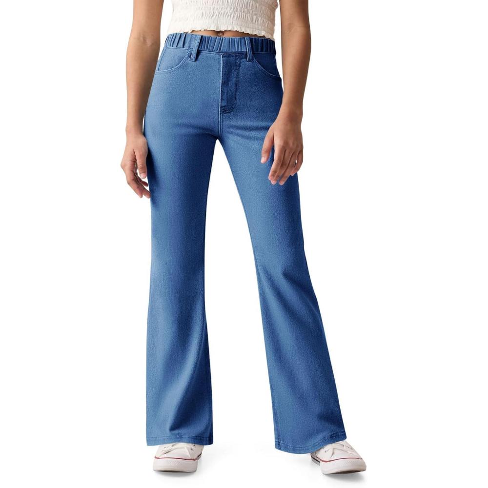 imageHaloumoning Girls Flare Jeans Kids Fashion Stretchy Denim Pants Bell Bottoms with PocketsBlue