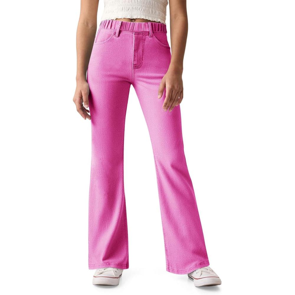 imageHaloumoning Girls Flare Jeans Kids Fashion Stretchy Denim Pants Bell Bottoms with PocketsHot Pink