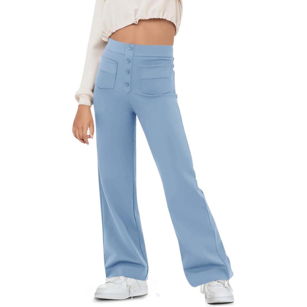 imageHaloumoning Girls Flare Pants Kids High Waisted Button Multiple Pockets Yoga Bootcut Pants Full Length Bell BottomsBlue