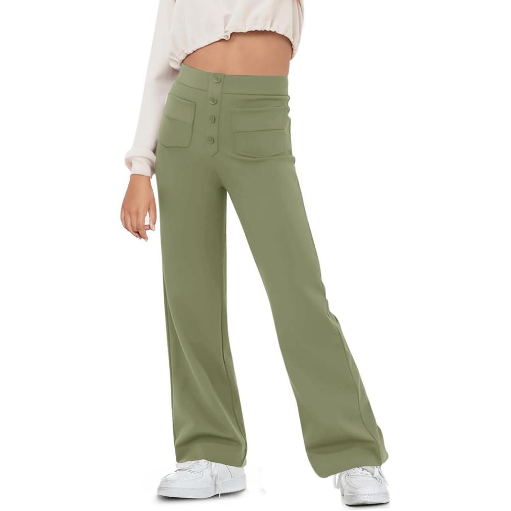 imageHaloumoning Girls Flare Pants Kids High Waisted Button Multiple Pockets Yoga Bootcut Pants Full Length Bell BottomsGrayish Green