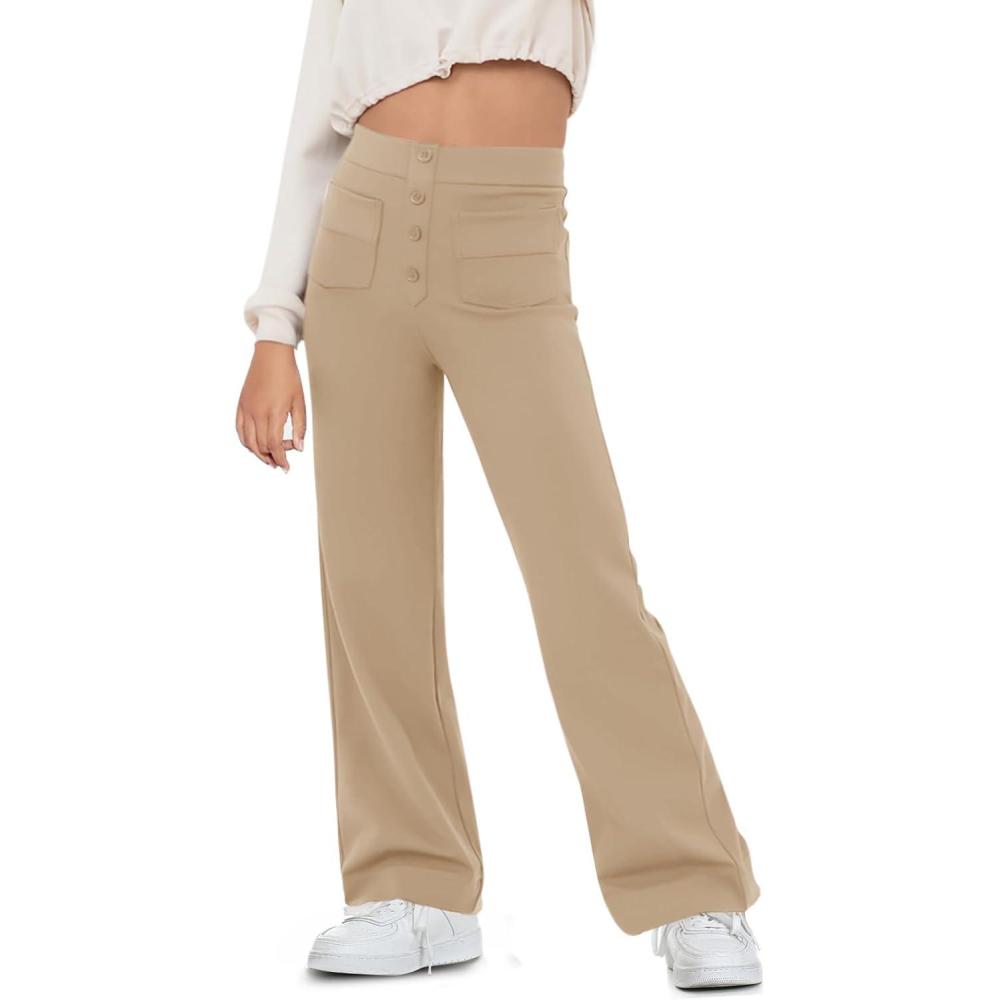 imageHaloumoning Girls Flare Pants Kids High Waisted Button Multiple Pockets Yoga Bootcut Pants Full Length Bell BottomsKhaki