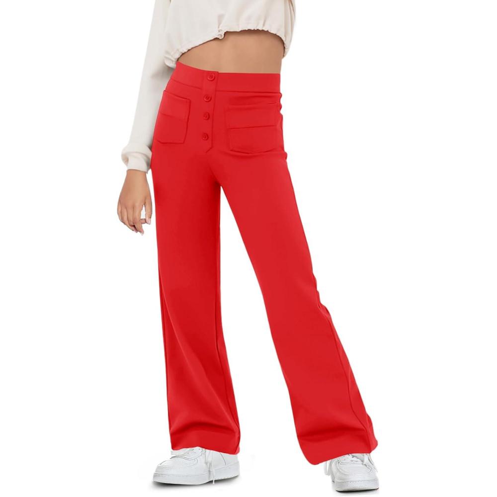 imageHaloumoning Girls Flare Pants Kids High Waisted Button Multiple Pockets Yoga Bootcut Pants Full Length Bell BottomsRed