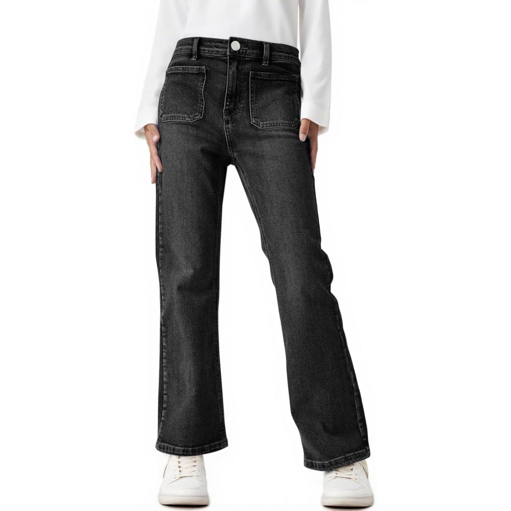 imageHaloumoning Girls High Waisted Jeans Straight Leg Stretch Demin Pants Cute Casual Trousers with PocketsBlack