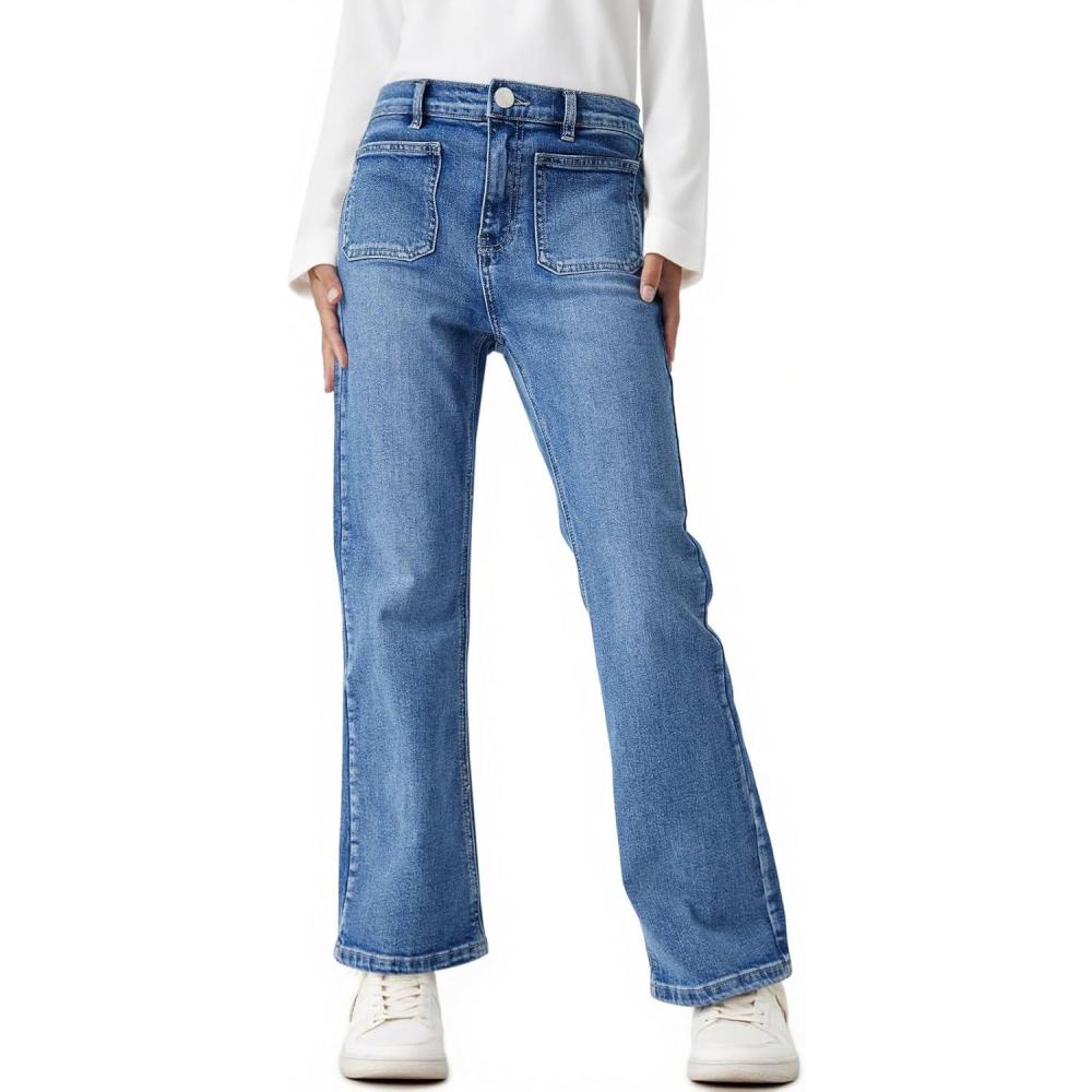 imageHaloumoning Girls High Waisted Jeans Straight Leg Stretch Demin Pants Cute Casual Trousers with PocketsNavy Blue