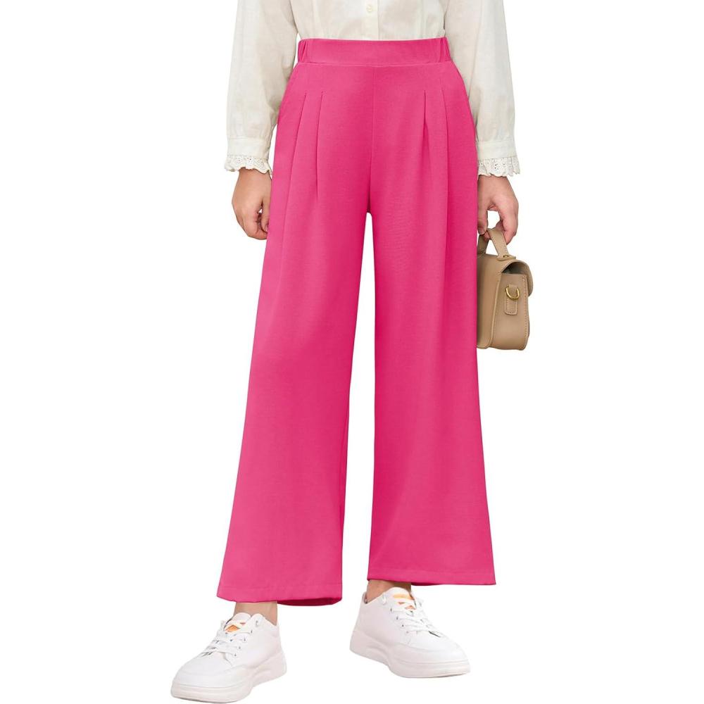 imageHaloumoning Girls High Waisted Uniform Pants Kids Wide Leg Dress Pants Casual Trousers with Pockets 514 YearsHot Pink