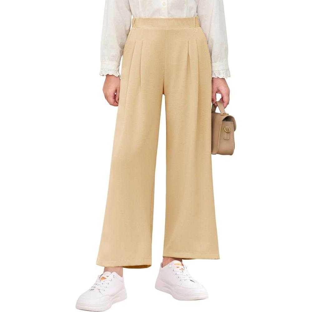 imageHaloumoning Girls High Waisted Uniform Pants Kids Wide Leg Dress Pants Casual Trousers with Pockets 514 YearsLight Khaki