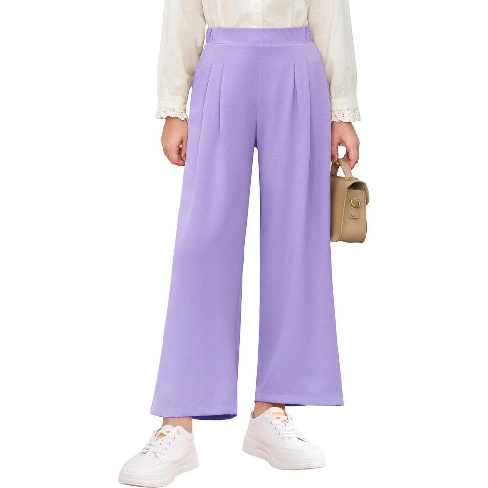 imageHaloumoning Girls High Waisted Uniform Pants Kids Wide Leg Dress Pants Casual Trousers with Pockets 514 YearsLight Purple