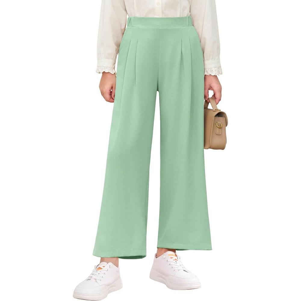 imageHaloumoning Girls High Waisted Uniform Pants Kids Wide Leg Dress Pants Casual Trousers with Pockets 514 YearsMinty