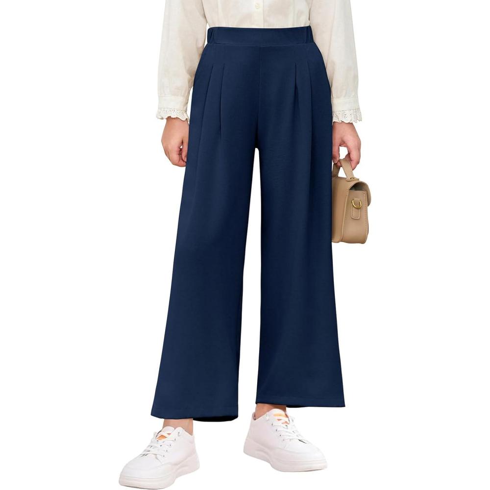 imageHaloumoning Girls High Waisted Uniform Pants Kids Wide Leg Dress Pants Casual Trousers with Pockets 514 YearsNavy Blue