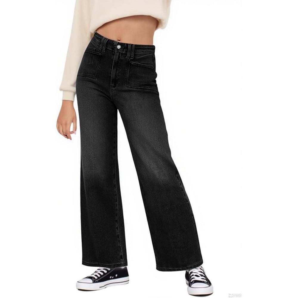 imageHaloumoning Girls Wide Leg Jeans Kids High Waisted Demin Pants Stretch Long Pants with Pockets 514 YearsBlack