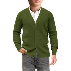Haloumoning Boys Cardigan Sweater Kids Casual V Neck Button Down Uniform Sweaters 5-14 Years(Army Green)
