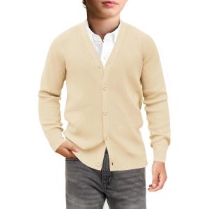 Haloumoning Boys Cardigan Sweater Kids Casual V Neck Button Down Uniform Sweaters 5-14 Years(Beige)
