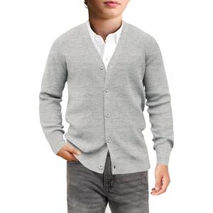 Haloumoning Boys Cardigan Sweater Kids Casual V Neck Button Down Uniform Sweaters 5-14 Years(Grey)