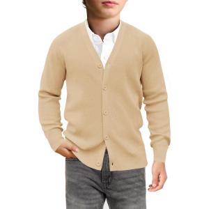 Haloumoning Boys Cardigan Sweater Kids Casual V Neck Button Down Uniform Sweaters 5-14 Years(Khaki)
