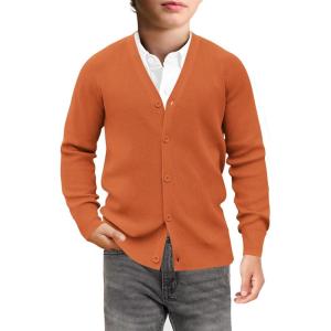 Haloumoning Boys Cardigan Sweater Kids Casual V Neck Button Down Uniform Sweaters 5-14 Years(Orange)