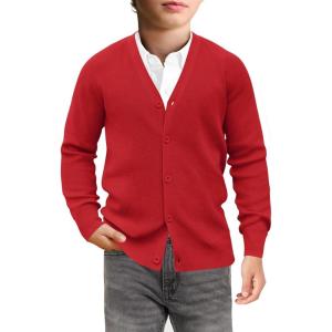 Haloumoning Boys Cardigan Sweater Kids Casual V Neck Button Down Uniform Sweaters 5-14 Years(Red)