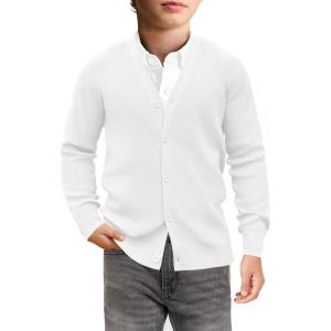 Haloumoning Boys Cardigan Sweater Kids Casual V Neck Button Down Uniform Sweaters 5-14 Years(White)