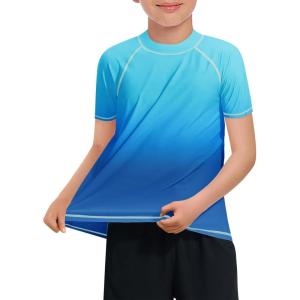 Haloumoning Boys Gradient Rash Guard Swim Shirt Short Sleeve UPF+ 50 Sun Shirts for Kids Rashguard Water Shirts(Light Blue)