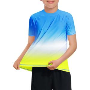 Haloumoning Boys Gradient Rash Guard Swim Shirt Short Sleeve UPF+ 50 Sun Shirts for Kids Rashguard Water Shirts(Sky Blue)
