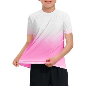 Haloumoning Boys Gradient Rash Guard Swim Shirt Short Sleeve UPF+ 50 Sun Shirts for Kids Rashguard Water Shirts(White-pink)