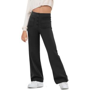 Haloumoning Girl’s Flare Pants Kids High Waisted Button Multiple Pockets Yoga Bootcut Pants Full Length Bell Bottoms(Black)