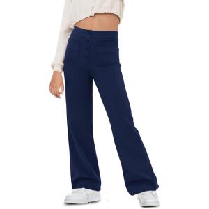 Haloumoning Girl’s Flare Pants Kids High Waisted Button Multiple Pockets Yoga Bootcut Pants Full Length Bell Bottoms(Navy Blue)