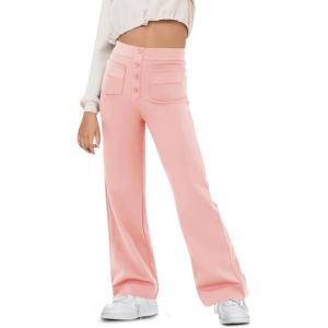Haloumoning Girl’s Flare Pants Kids High Waisted Button Multiple Pockets Yoga Bootcut Pants Full Length Bell Bottoms(Pink)