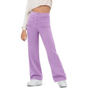 Haloumoning Girl’s Flare Pants Kids High Waisted Button Multiple Pockets Yoga Bootcut Pants Full Length Bell Bottoms(Purple)