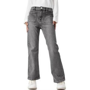Haloumoning Girls High Waisted Jeans Straight Leg Stretch Demin Pants Cute Casual Trousers with Pockets(Grey)
