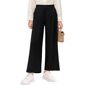 Haloumoning Girls High Waisted Uniform Pants Kids Wide Leg Dress Pants Casual Trousers with Pockets 5-14 Years(Black)
