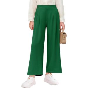 Haloumoning Girls High Waisted Uniform Pants Kids Wide Leg Dress Pants Casual Trousers with Pockets 5-14 Years(Dark Green)