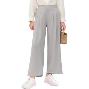 Haloumoning Girls High Waisted Uniform Pants Kids Wide Leg Dress Pants Casual Trousers with Pockets 5-14 Years(Light Grey)