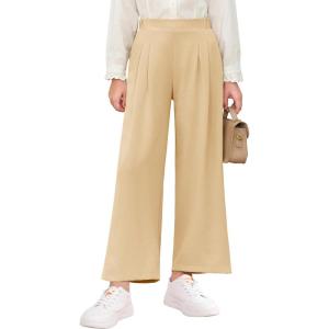 Haloumoning Girls High Waisted Uniform Pants Kids Wide Leg Dress Pants Casual Trousers with Pockets 5-14 Years(Light Khaki)