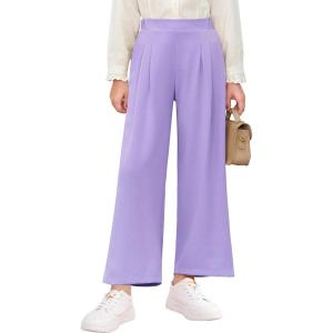 Haloumoning Girls High Waisted Uniform Pants Kids Wide Leg Dress Pants Casual Trousers with Pockets 5-14 Years(Light Purple)
