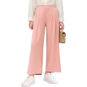 Haloumoning Girls High Waisted Uniform Pants Kids Wide Leg Dress Pants Casual Trousers with Pockets 5-14 Years(Pink)