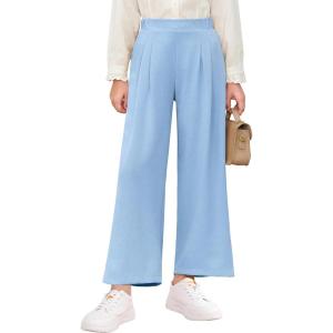 Haloumoning Girls High Waisted Uniform Pants Kids Wide Leg Dress Pants Casual Trousers with Pockets 5-14 Years(Sky Blue)