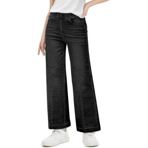Haloumoning Girls Wide Leg Jeans Kids Elastic Waist Pull On Stretchy Baggy Denim Pants with Pockets 5-14 Years(Black)