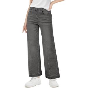 Haloumoning Girls Wide Leg Jeans Kids Elastic Waist Pull On Stretchy Baggy Denim Pants with Pockets 5-14 Years(Grey)