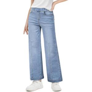 Haloumoning Girls Wide Leg Jeans Kids Elastic Waist Pull On Stretchy Baggy Denim Pants with Pockets 5-14 Years(Light Blue)