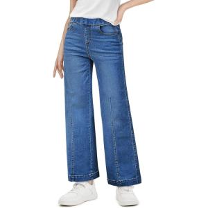 Haloumoning Girls Wide Leg Jeans Kids Elastic Waist Pull On Stretchy Baggy Denim Pants with Pockets 5-14 Years(Navy)