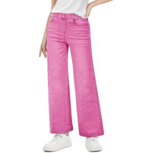 Haloumoning Girls Wide Leg Jeans Kids Elastic Waist Pull On Stretchy Baggy Denim Pants with Pockets 5-14 Years(Pink)