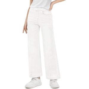 Haloumoning Girls Wide Leg Jeans Kids Elastic Waist Pull On Stretchy Baggy Denim Pants with Pockets 5-14 Years(White)