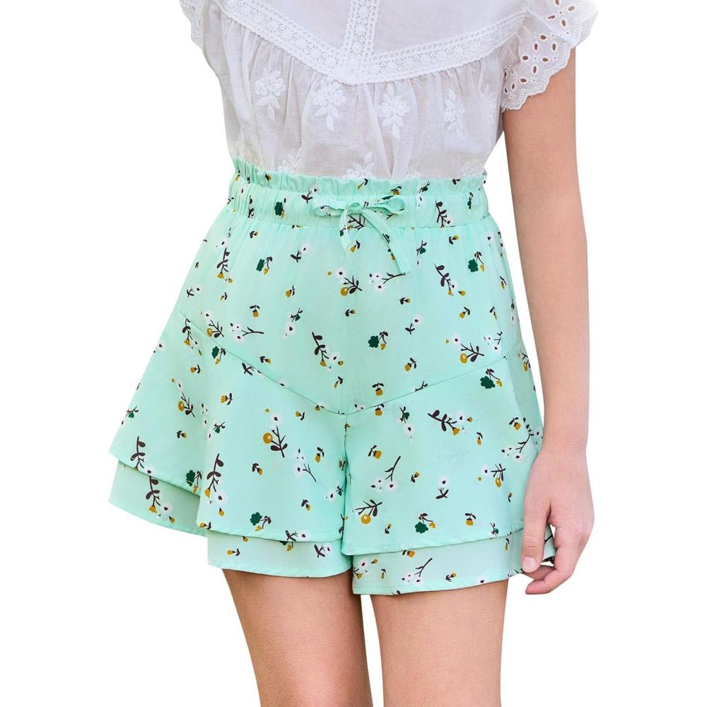 imageGirls Floral Skirts Kids Fashion Elastic High Waist Ruffle Flowy Shorts with Drawstring 514 YearsGreen