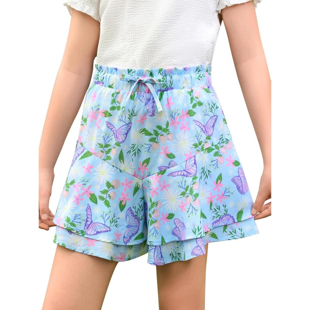 imageGirls Floral Skirts Kids Fashion Elastic High Waist Ruffle Flowy Shorts with Drawstring 514 YearsLight Blue
