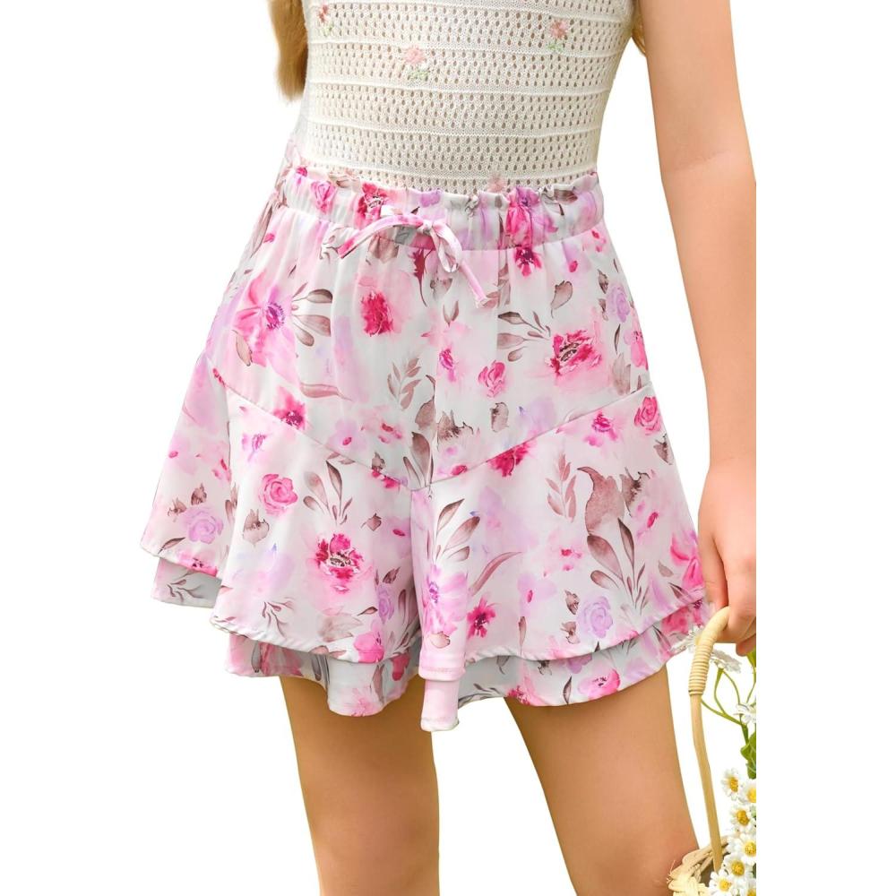 imageGirls Floral Skirts Kids Fashion Elastic High Waist Ruffle Flowy Shorts with Drawstring 514 YearsLight Pink