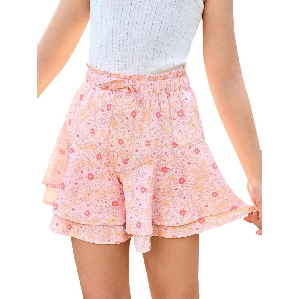 imageGirls Floral Skirts Kids Fashion Elastic High Waist Ruffle Flowy Shorts with Drawstring 514 YearsPink