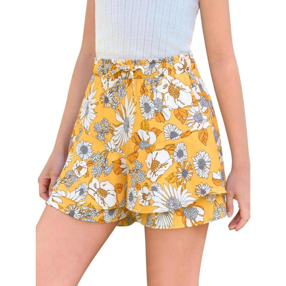 imageGirls Floral Skirts Kids Fashion Elastic High Waist Ruffle Flowy Shorts with Drawstring 514 YearsYellow