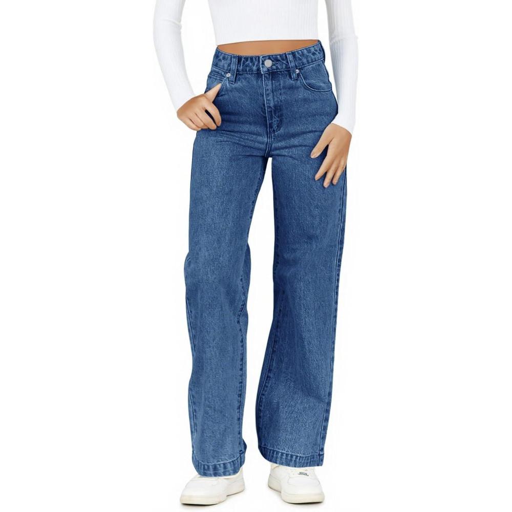 imageHaloumoning Girls Elastic Waist Jeans Straight Leg Demin Pants Casual Stretch Long Pants with Pockets 514 YearsBlue