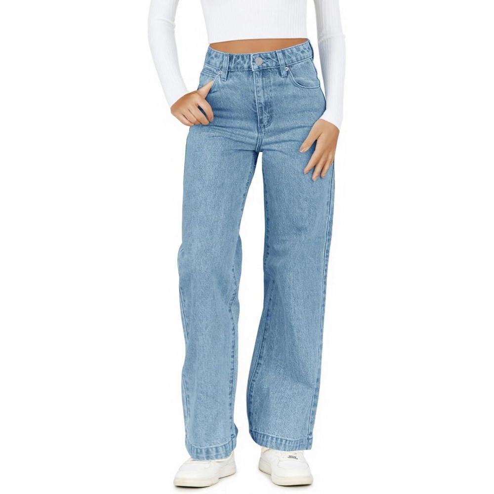 imageHaloumoning Girls Elastic Waist Jeans Straight Leg Demin Pants Casual Stretch Long Pants with Pockets 514 YearsLight Blue